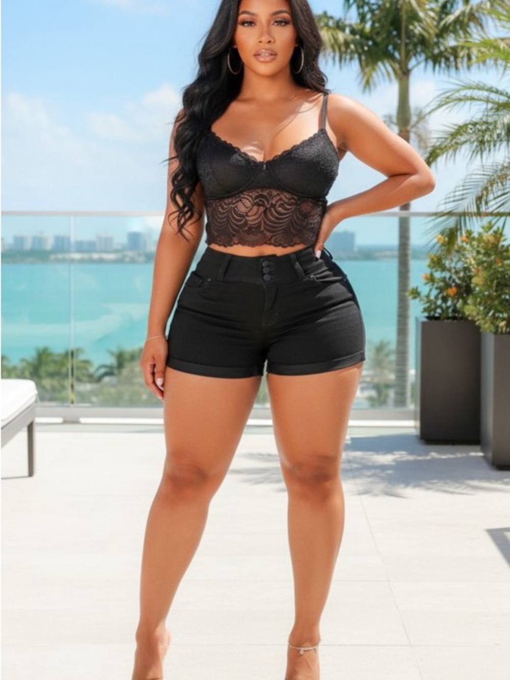 High-Rise Black Stretch Denim Shorts